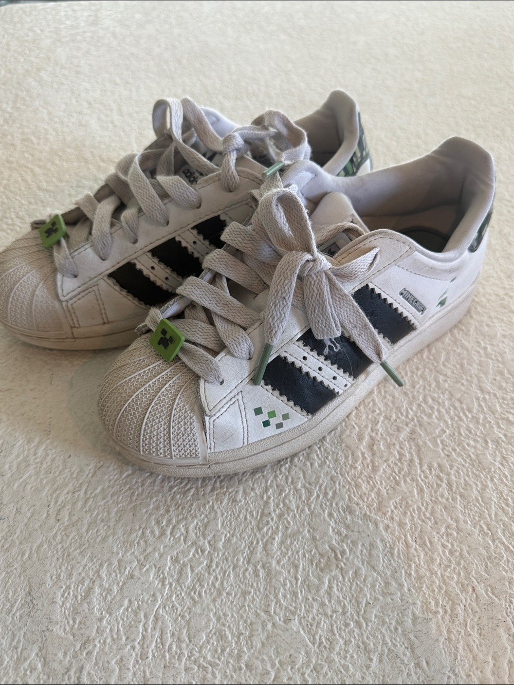 adidas Kids White Sneakers with Minecraft Black Stripes and Green Accents
